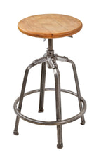 fully adjustable four-legged stationary riveted and welded joint stool with a brushed and sanded bare metal finish and original solid maple wood swivel seat