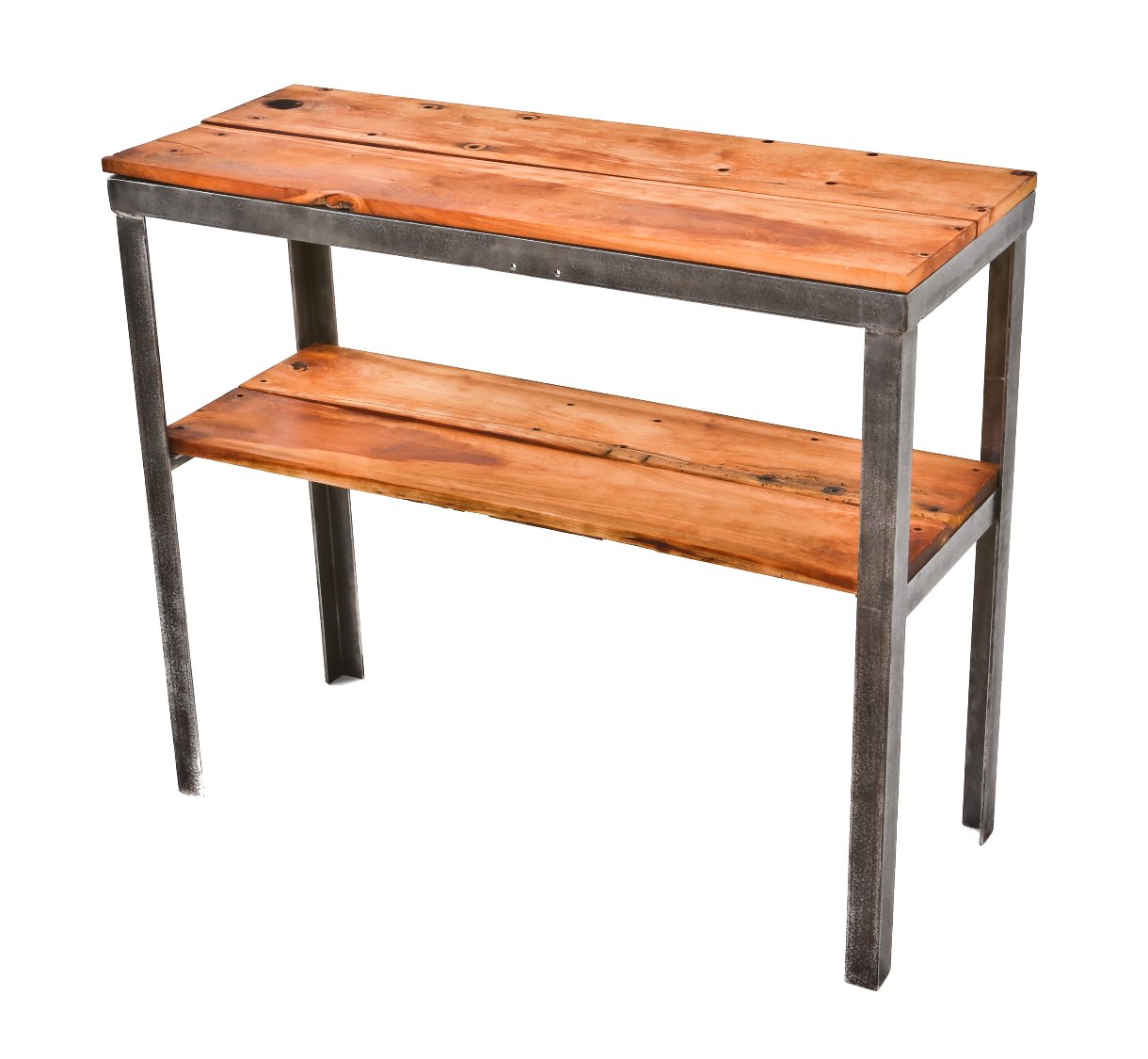 completely sound and stable custom-built all-welded joint heave gauge angled steel two-tier factory workshop two-tier bench with original bolted cherry boards
