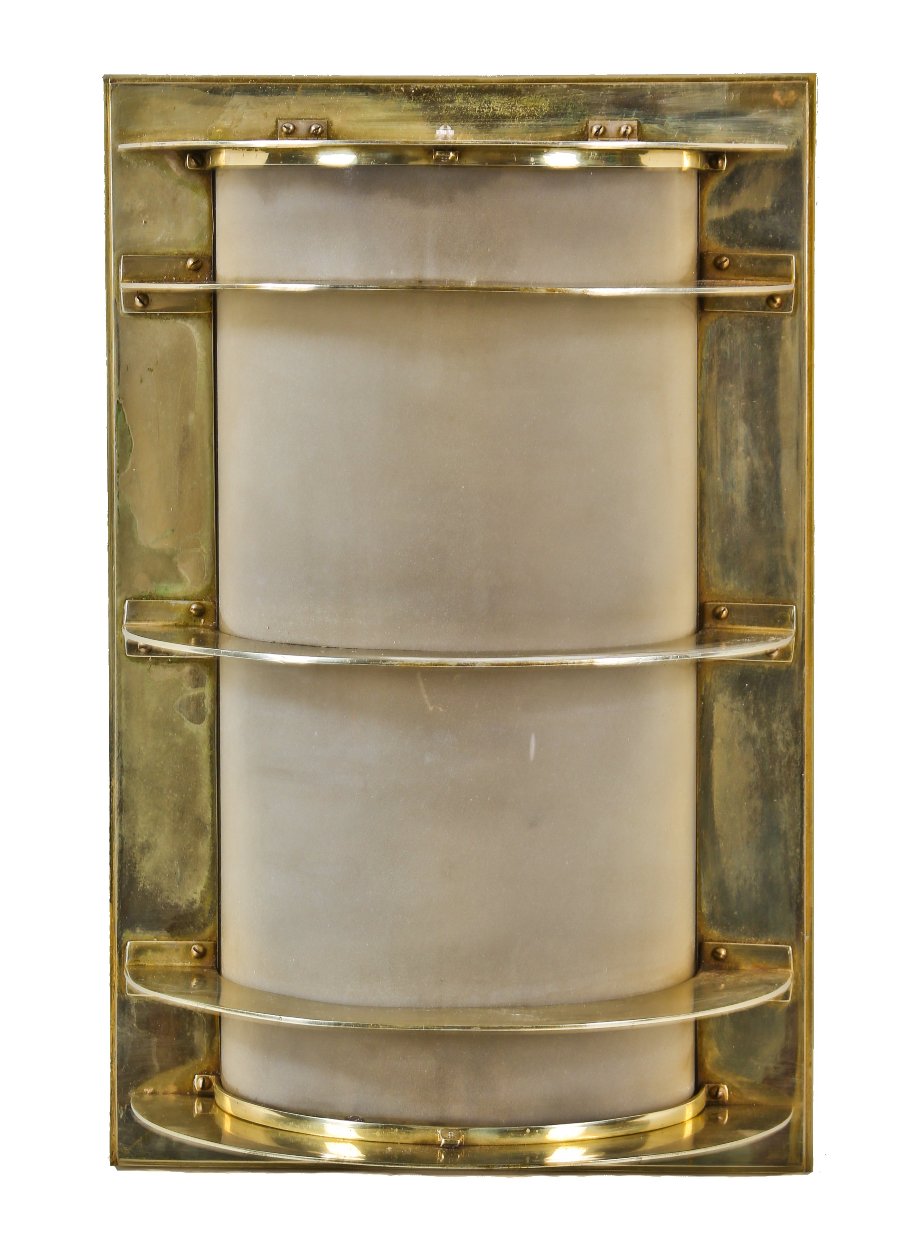 historically-important oversized flush mount american art deco streamlined style chicago board of trade building interior lobby illuminated polished brass wall sconce with cylindrical frosted glass shade