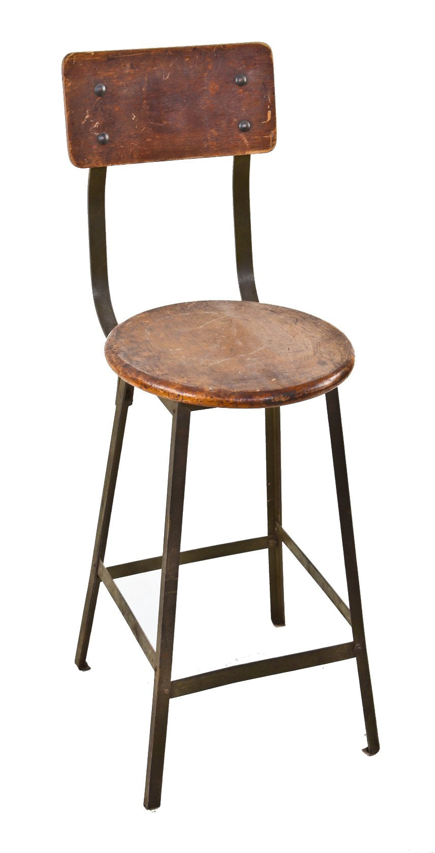 unrestored original single american vintage industrial four-legged "pollard green" enameled factory machine shop stool with slightly contoured bolted backrest
