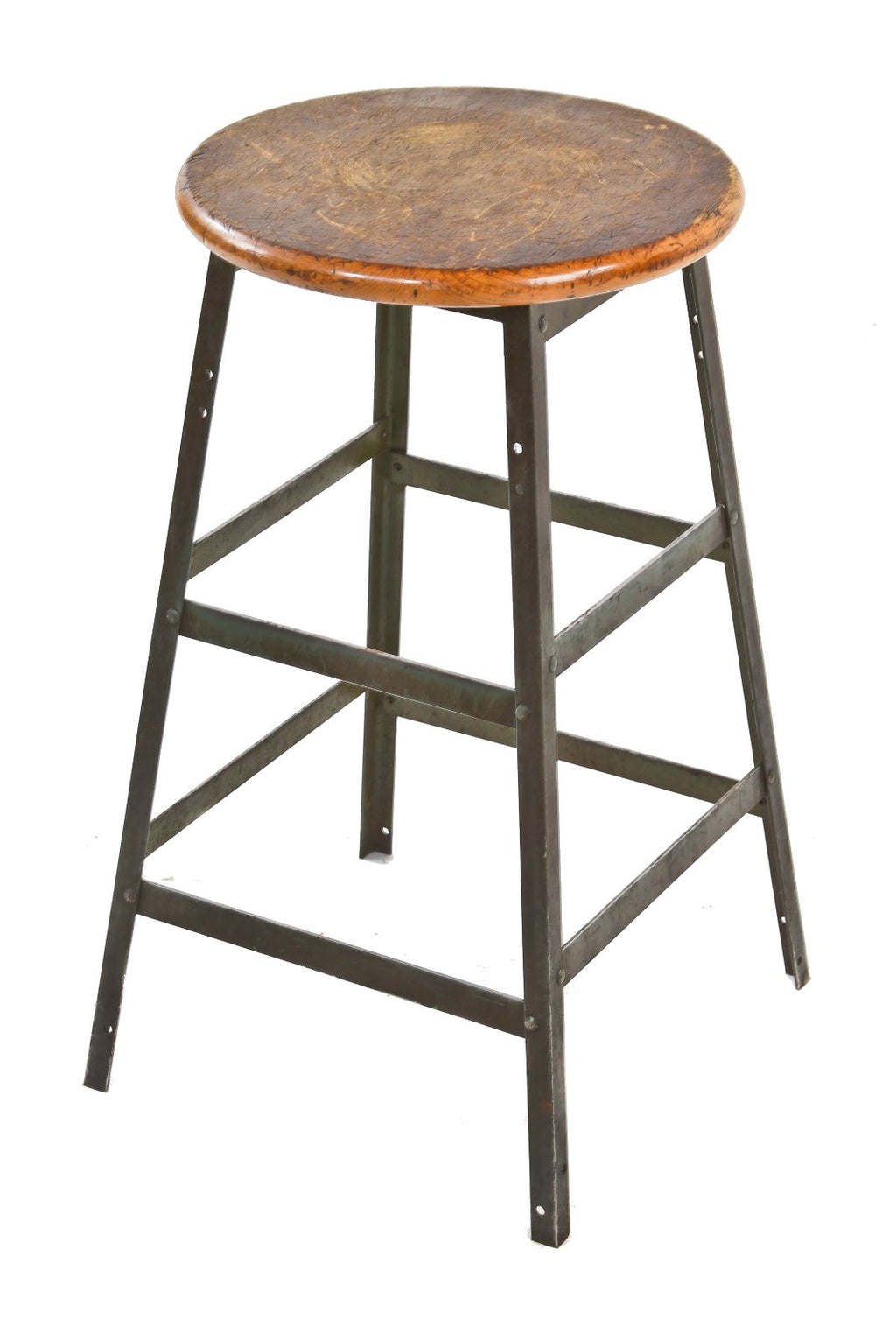 late 1940's all original and unrestored american industrial metal stamping factory "pollard" stationary four-legged stool with angled iron base and maple wood seat