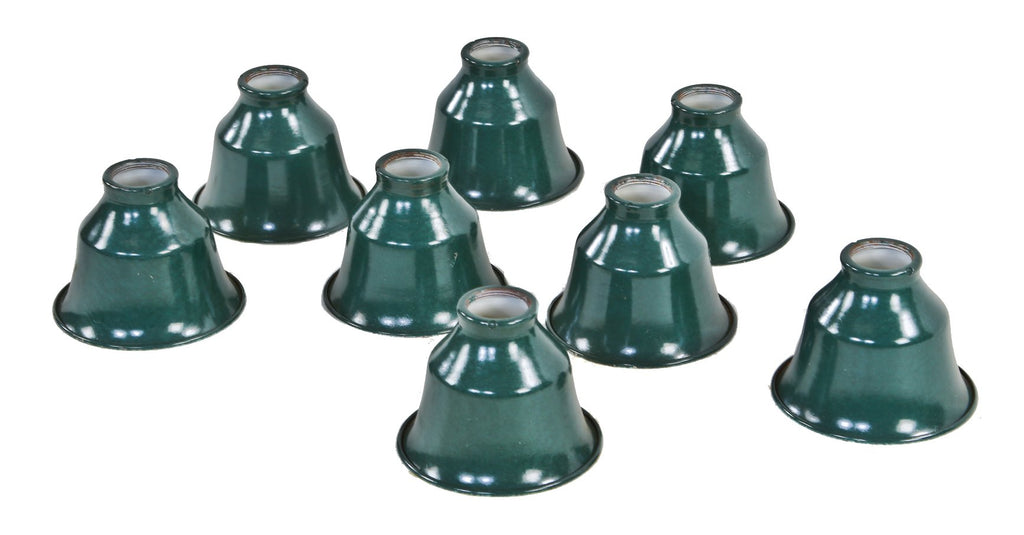 group of eight matching rare american antique industrial "new old stock" factory green enameled pressed and folded steel hubbell reflector or shades with threaded openings