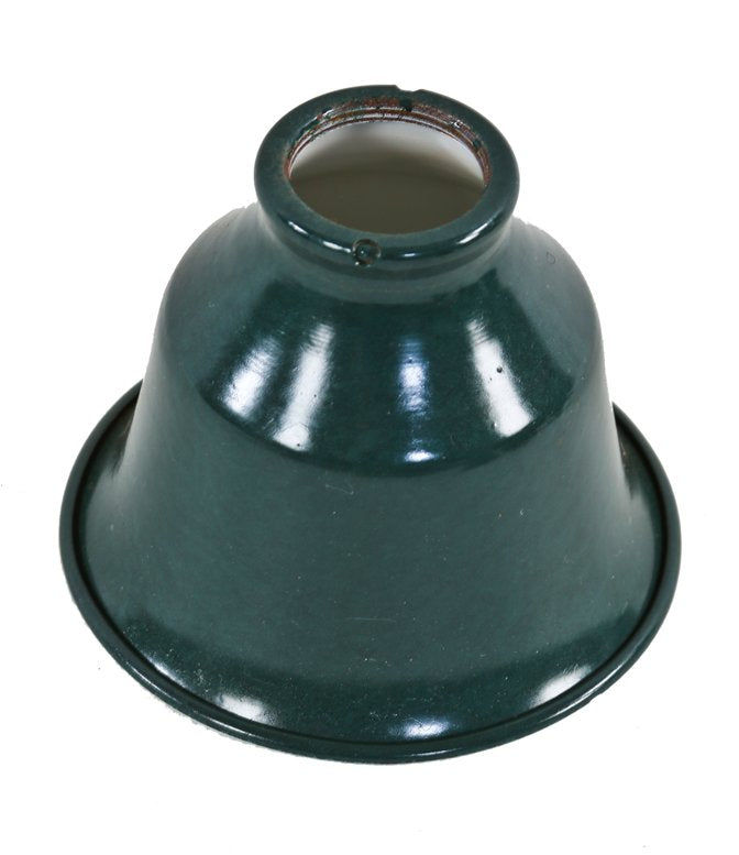 group of eight matching rare american antique industrial "new old stock" factory green enameled pressed and folded steel hubbell reflector or shades with threaded openings