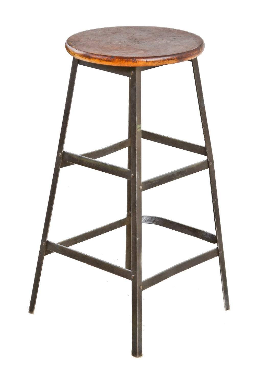 nicely worn all original c. 1940's american industrial four-legged stationary riveted joint angled steel pollard brothers factory machinist stool with maple wood seat