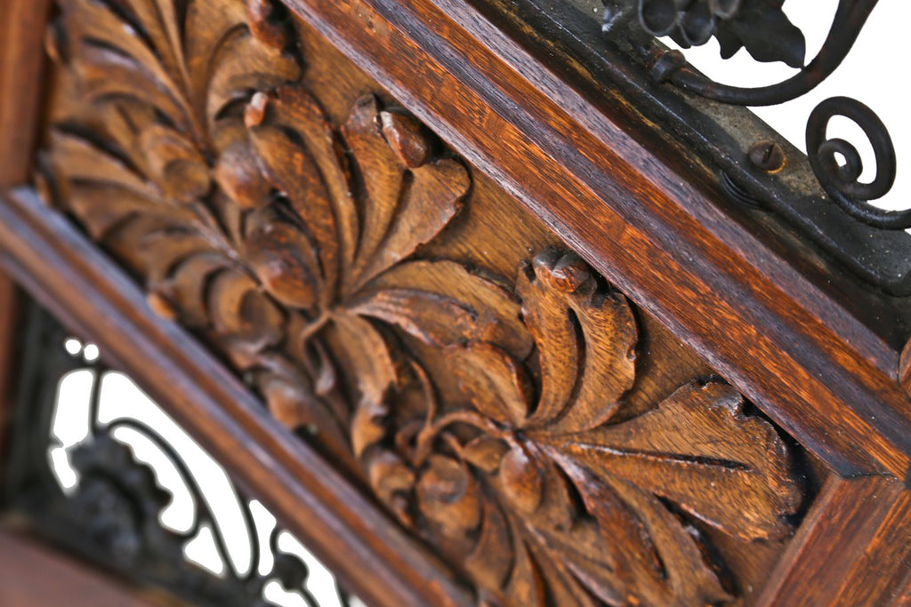 well documented 19th century museum-quality original varnished quartered oak wood and ornamental wrought iron potter palmer mansion angled staircase railing