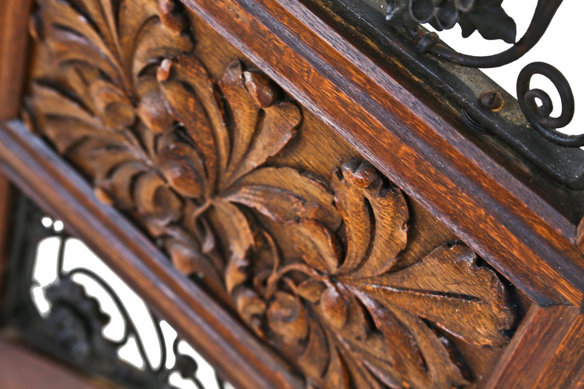 well documented 19th century museum-quality original varnished quartered oak wood and ornamental wrought iron potter palmer mansion angled staircase railing