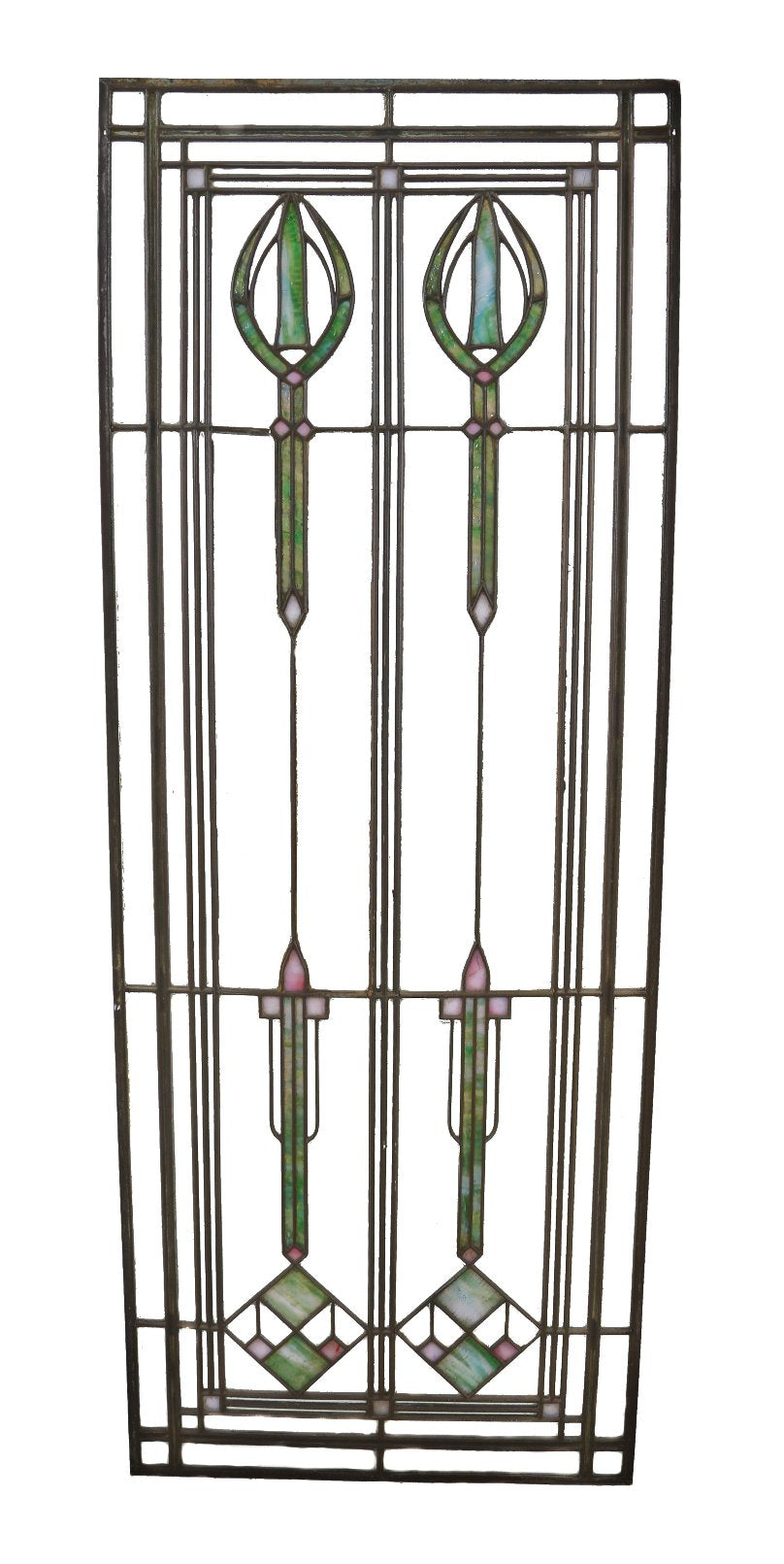 remarkable early 20th century american chicago prairie school long and narrow art glass interior residential cabinet or door window with slag glass abstract floral motifs