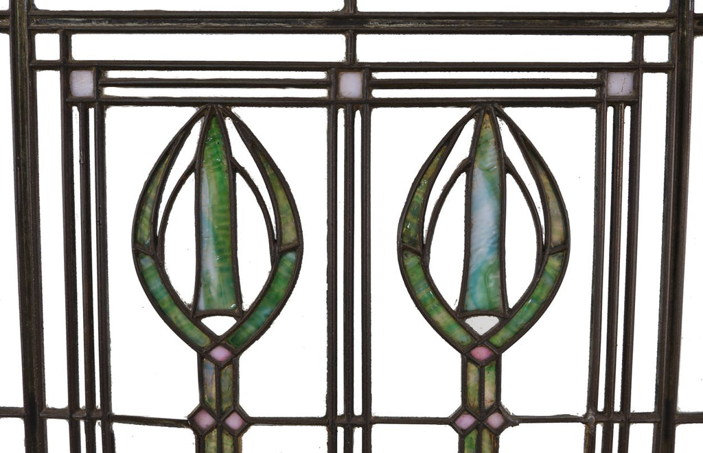 remarkable early 20th century american chicago prairie school long and narrow art glass interior residential cabinet or door window with slag glass abstract floral motifs