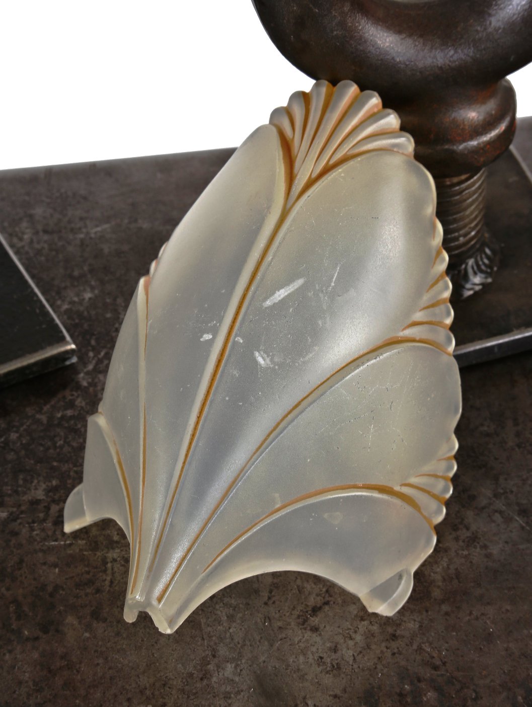 c. 1930's original american art deco style depression era pressed ornamental "batwing" pattern lighting fixture replacement slip shade with baked enameled finish