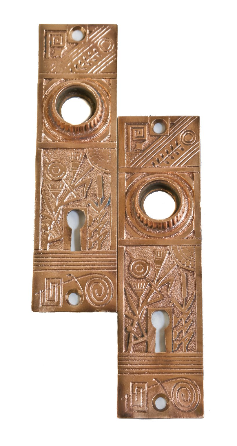original late 19th century matching ornamental cast bronze antique american interior residential doorknob backplates or escutcheons with organic design motifs