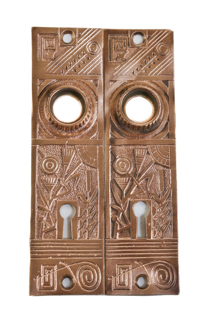 highly desirable 19th century original and intact antique american eastlake or aesthetic style ornamental cast bronze interior residential doorknob backplates