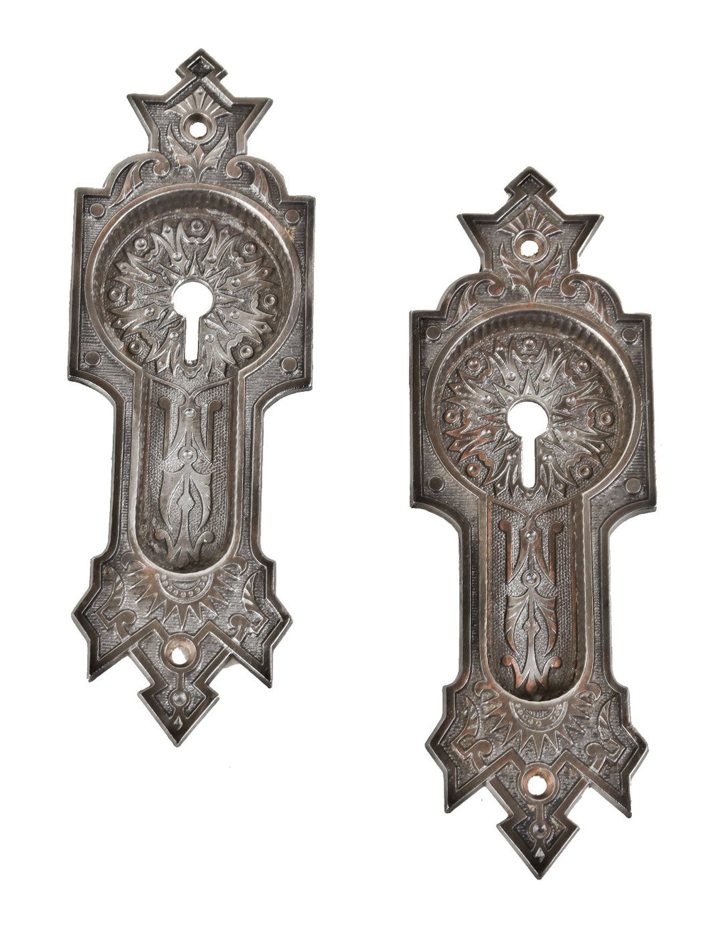 pair of original late 19th century all original refinished ornamental cast iron interior residential cast iron sliding or pocket door handles with small traces of copper-plating