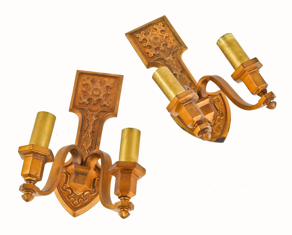 matching set of original c. 1920's antique american ornamental cast bronze double arm granada theater interior electric candle spanish revival style wall sconces