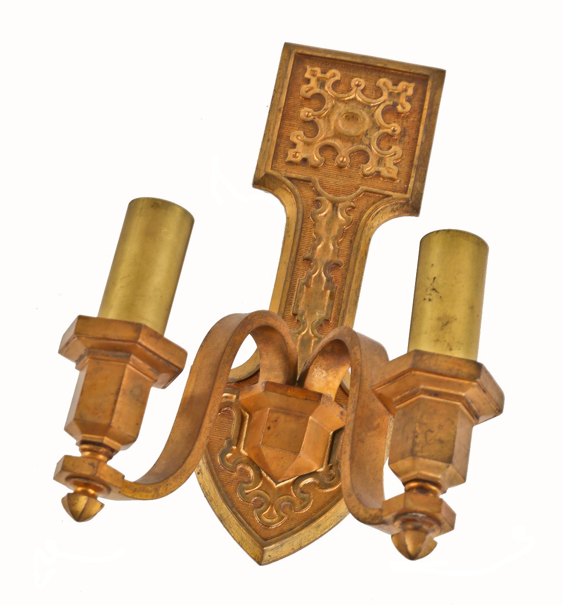 original antique american c. 1920's flush mount ornamental cast bronze electric double arm interior granada theater wall sconce with spun brass "candles"