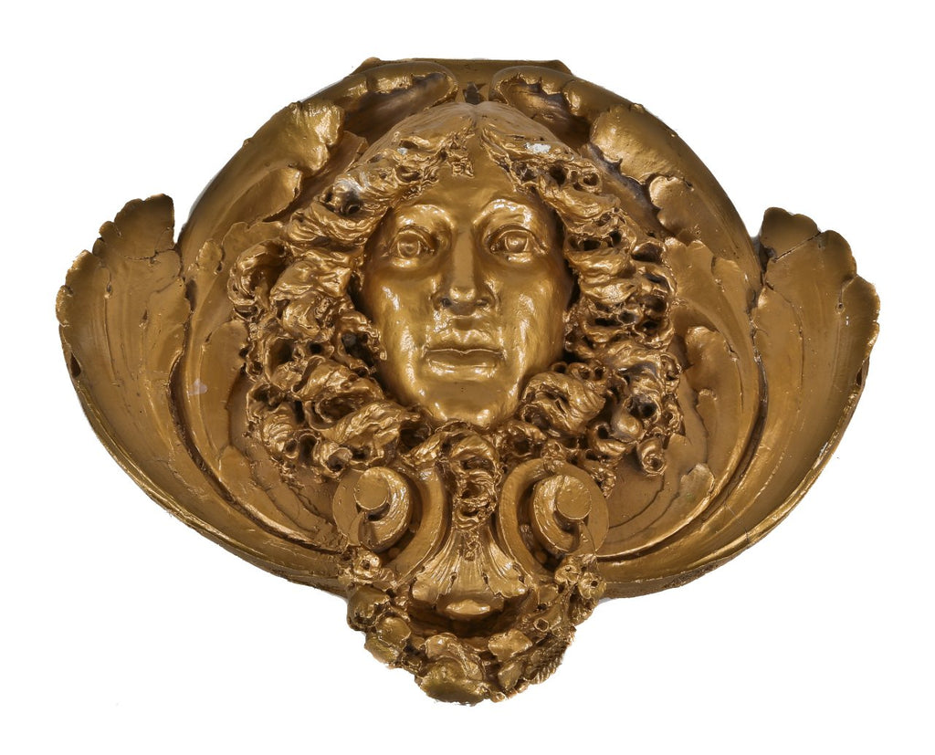 incredible all original late 1920's american depression era oversized heavily ornamented figural chicago theater cast plaster medallion with a full-scale face