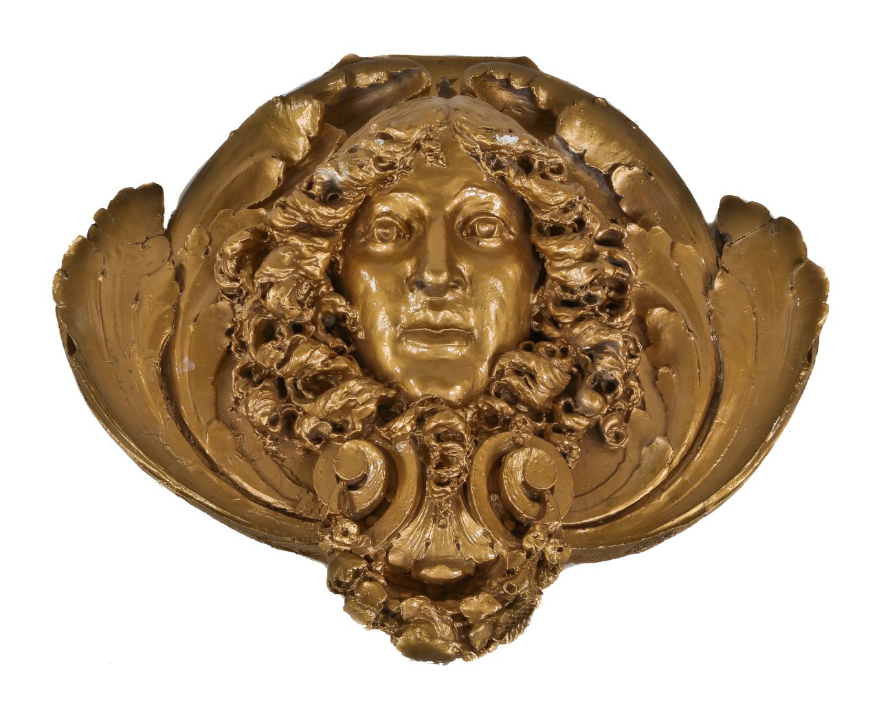 incredible all original late 1920's american depression era oversized heavily ornamented figural chicago theater cast plaster medallion with a full-scale face