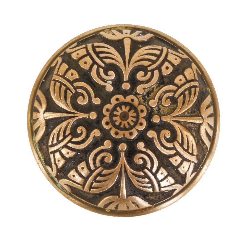 19th century dome-shaped banded rim ornamental cast brass interior residential passage size doorknob with largely intact black enameled inlay