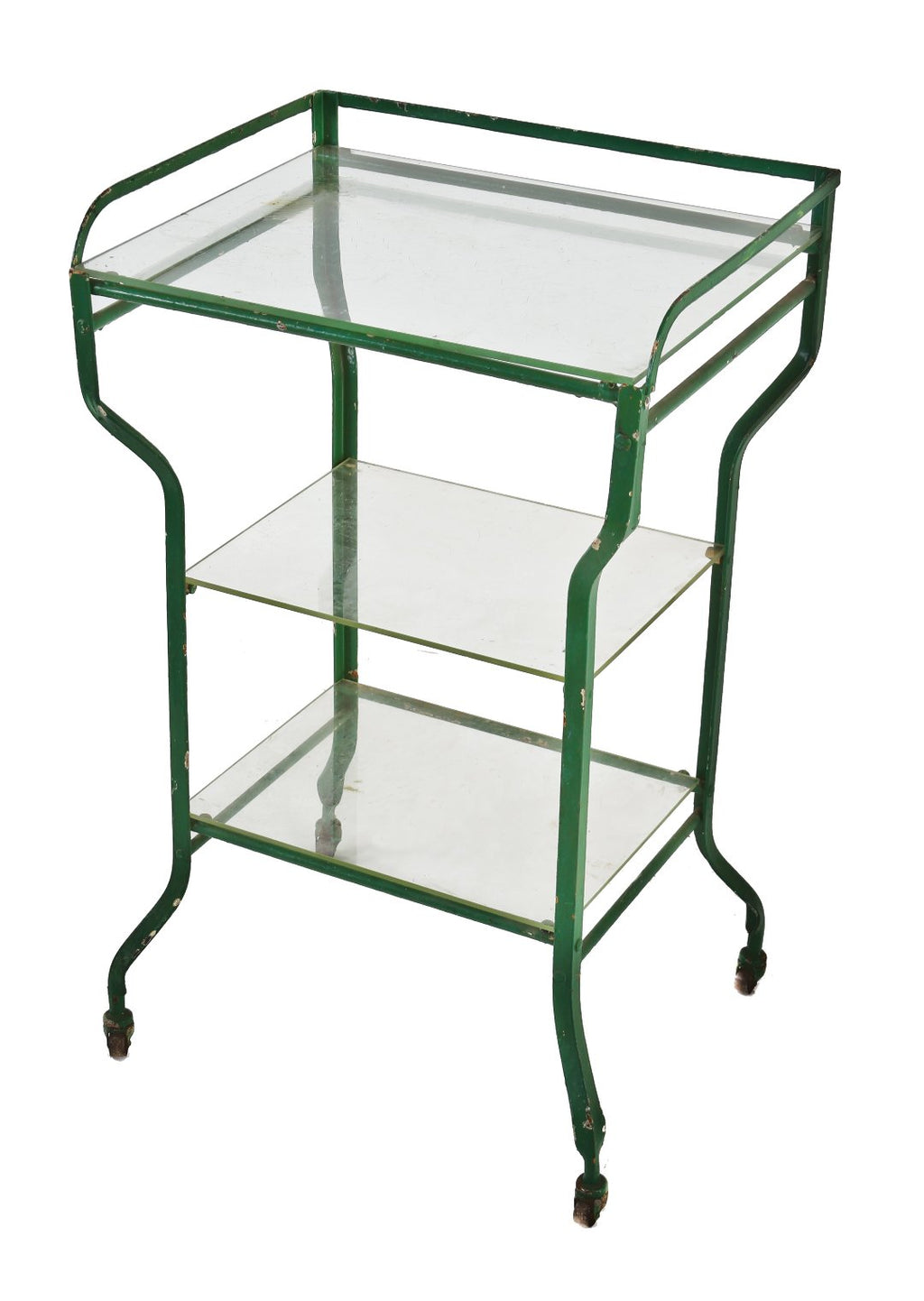 original c. 1910-20 american antique medical green painted angled steel three-tier hospital operating room workstation or stand with intact bassick swivel casters