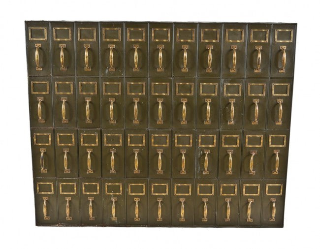 original and well-maintained c. 1915-20 american industrial cook county hospital olive green enameled all-metal compartmentalized freestanding filing cabinet with 44 drawers