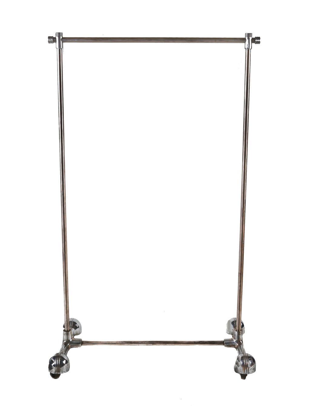 c. 1930's american art deco style mobile machine age tubular steel clothing store garment or clothing rack with distinctive incised line caster hoods