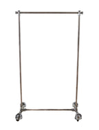c. 1930's american art deco style mobile machine age tubular steel clothing store garment or clothing rack with distinctive incised line caster hoods