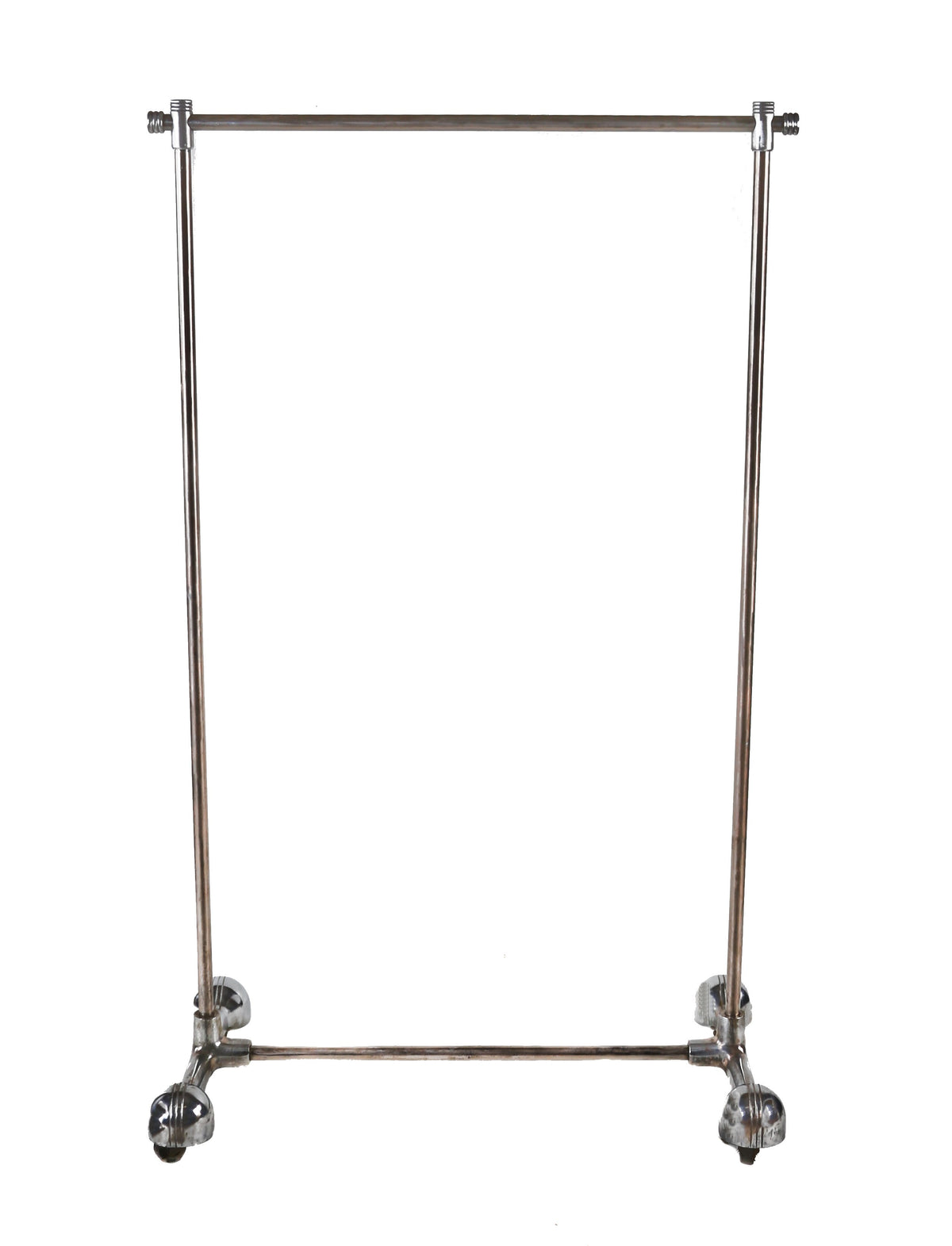 c. 1930's american art deco style mobile machine age tubular steel clothing store garment or clothing rack with distinctive incised line caster hoods