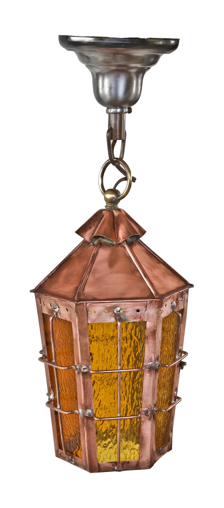 original c. 1930's american depression era "radiant" multifaceted copper single electric pendant porch light with "crackled" amber glass insets or panels