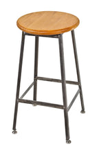 stationary c. 1950's angled iron factory machine shop pollard stool with brushed riveted joint base and refinished solid maple wood circular-shaped seat