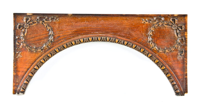 original late 19th century american victorian era double-sided varnished oak wood interior residential arch top passage header or panel with intact classical gesso ornament