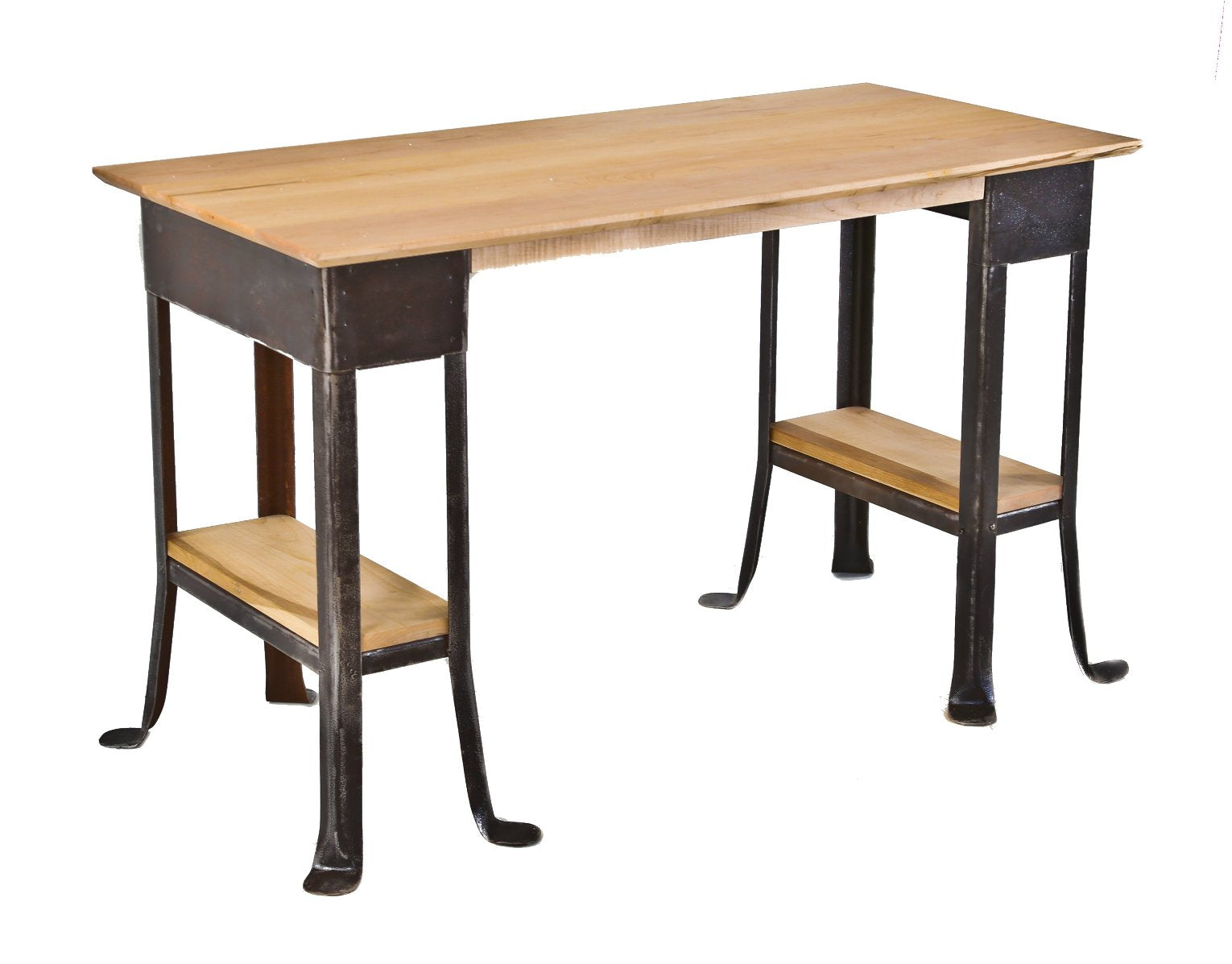 repurposed american vintage industrial cold-rolled steel factory machine base stationary desk with two opposed bookshelves and a solid aspen wood tabletop with recessed apron