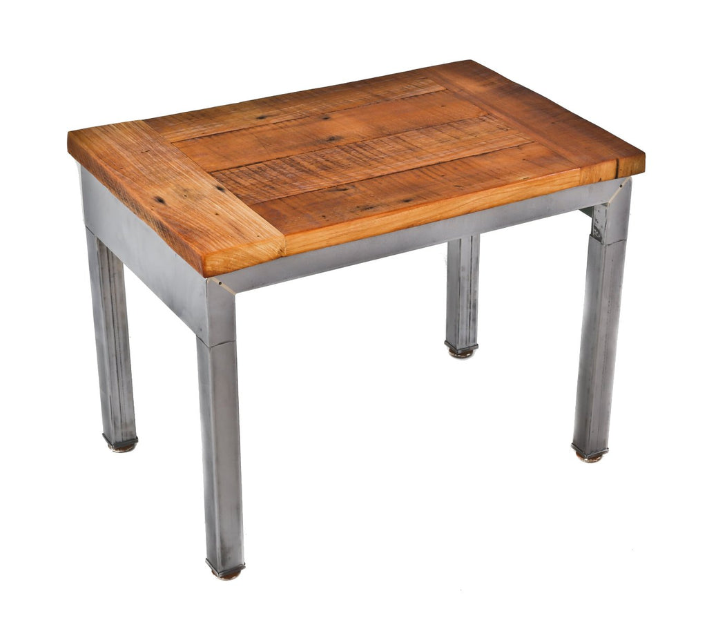 single repurposed late 1930's american machine age four-legged brushed tubular steel low-lying side table or bench with newly added oak wood top