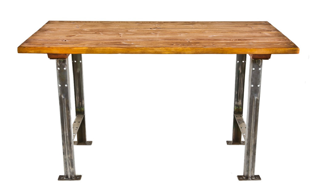 refinished c. 1950's american vintage industrial brushed angled iron pollard factory workbench table bases with a custom-built pine wood top