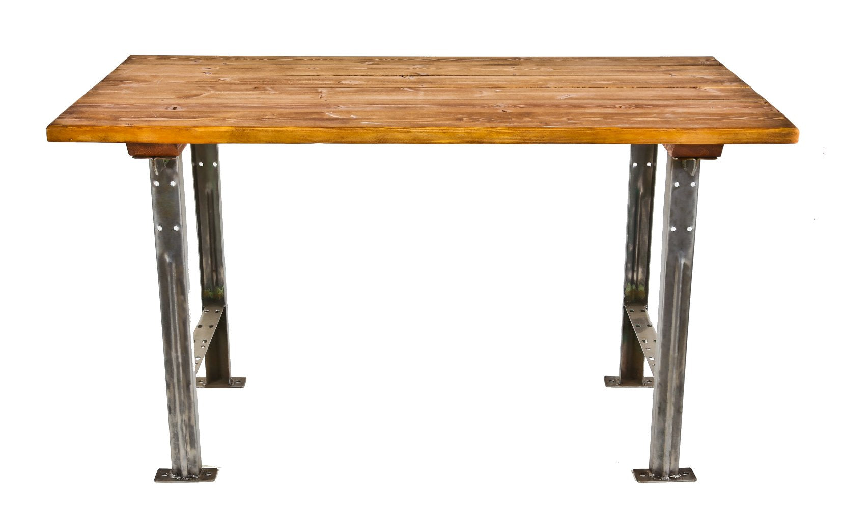 refinished c. 1950's american vintage industrial brushed angled iron pollard factory workbench table bases with a custom-built pine wood top