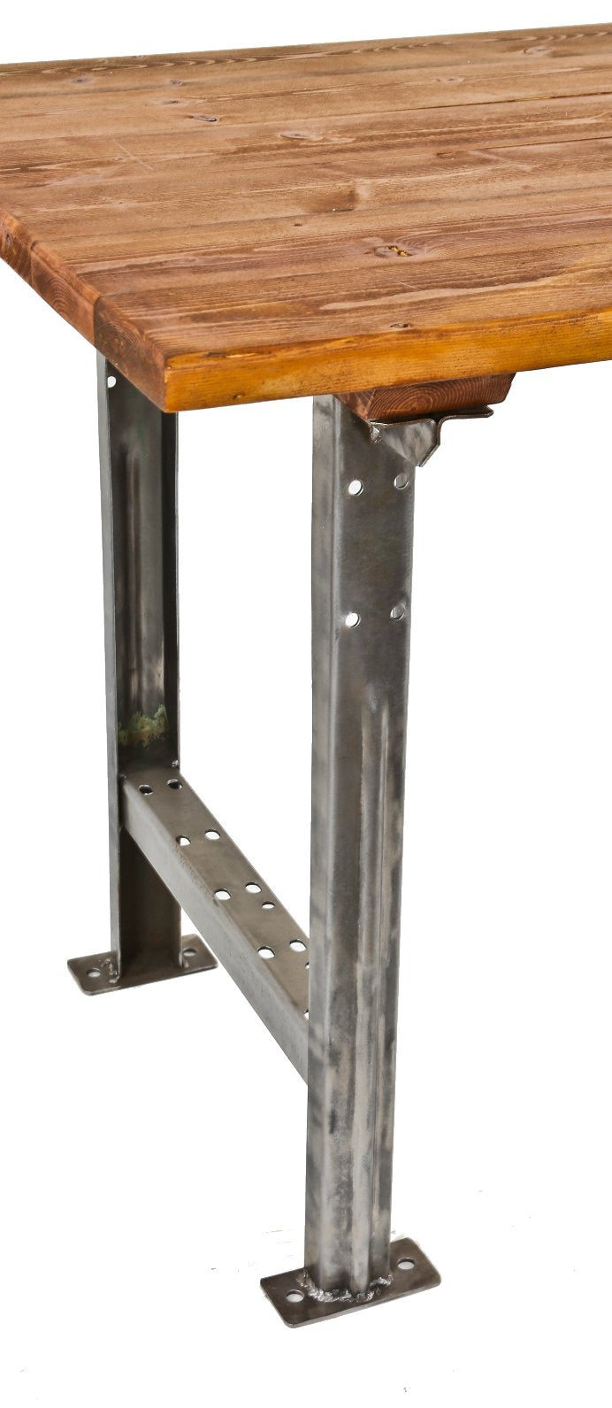 refinished c. 1950's american vintage industrial brushed angled iron pollard factory workbench table bases with a custom-built pine wood top