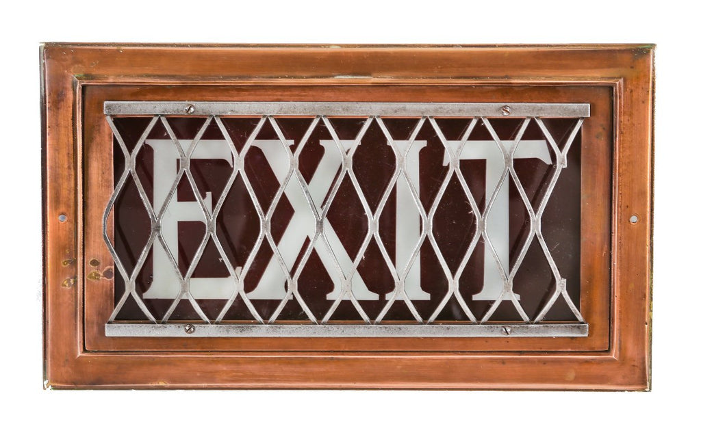 all original c. 1910-20 hard to find refinished american industrial wall-mount encased ruby red glass exit sign with deeply etched letters and a steel wire mesh protective cover