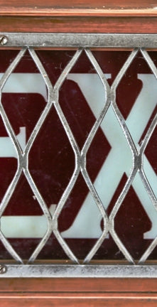 all original c. 1910-20 hard to find refinished american industrial wall-mount encased ruby red glass exit sign with deeply etched letters and a steel wire mesh protective cover