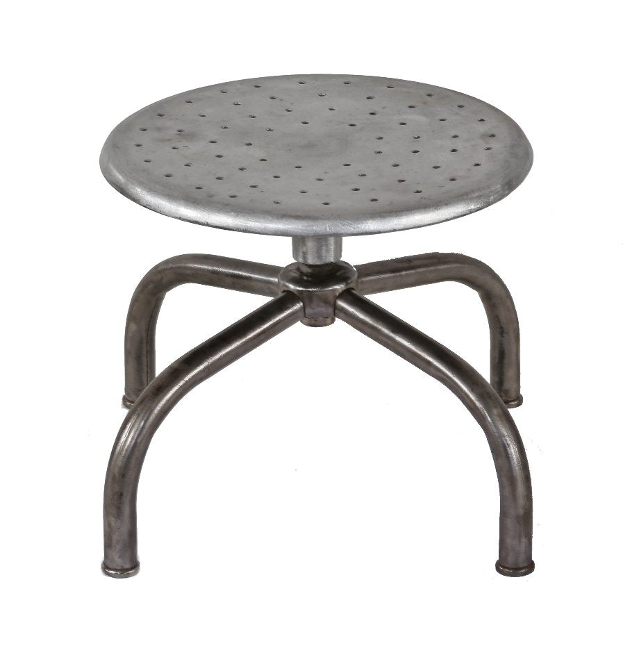 unusual c. 1940's american vintage industrial refinished bent tubular steel low-lying stationary brushed metal stool with reinforced perforated aluminum swivel seat