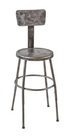 original adjustable height american industrial brushed tubular steel four-legged factory machinist stool with perforated circular-shaped seat and leg extensions