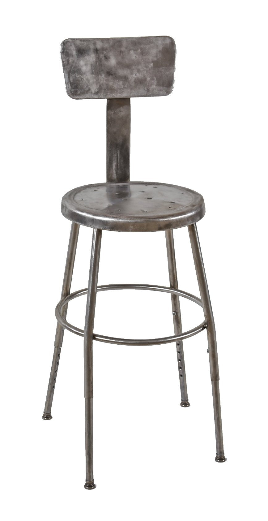original adjustable height american industrial brushed tubular steel four-legged factory machinist stool with perforated circular-shaped seat and leg extensions