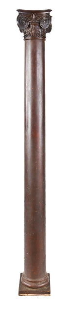 single late 19th century original freestanding solid white oak lock stave joint tapered interior residential "room divider" column bedecked with original ornamental ionic capital