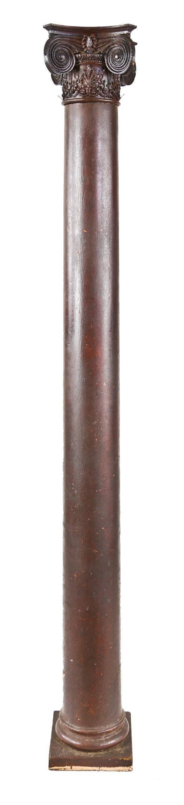single late 19th century original freestanding solid white oak lock stave joint tapered interior residential "room divider" column bedecked with original ornamental ionic capital