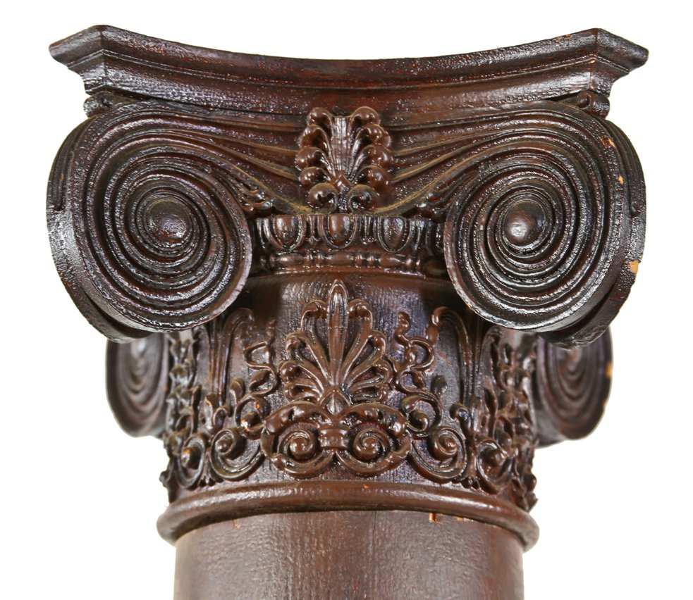 single late 19th century original freestanding solid white oak lock stave joint tapered interior residential "room divider" column bedecked with original ornamental ionic capital