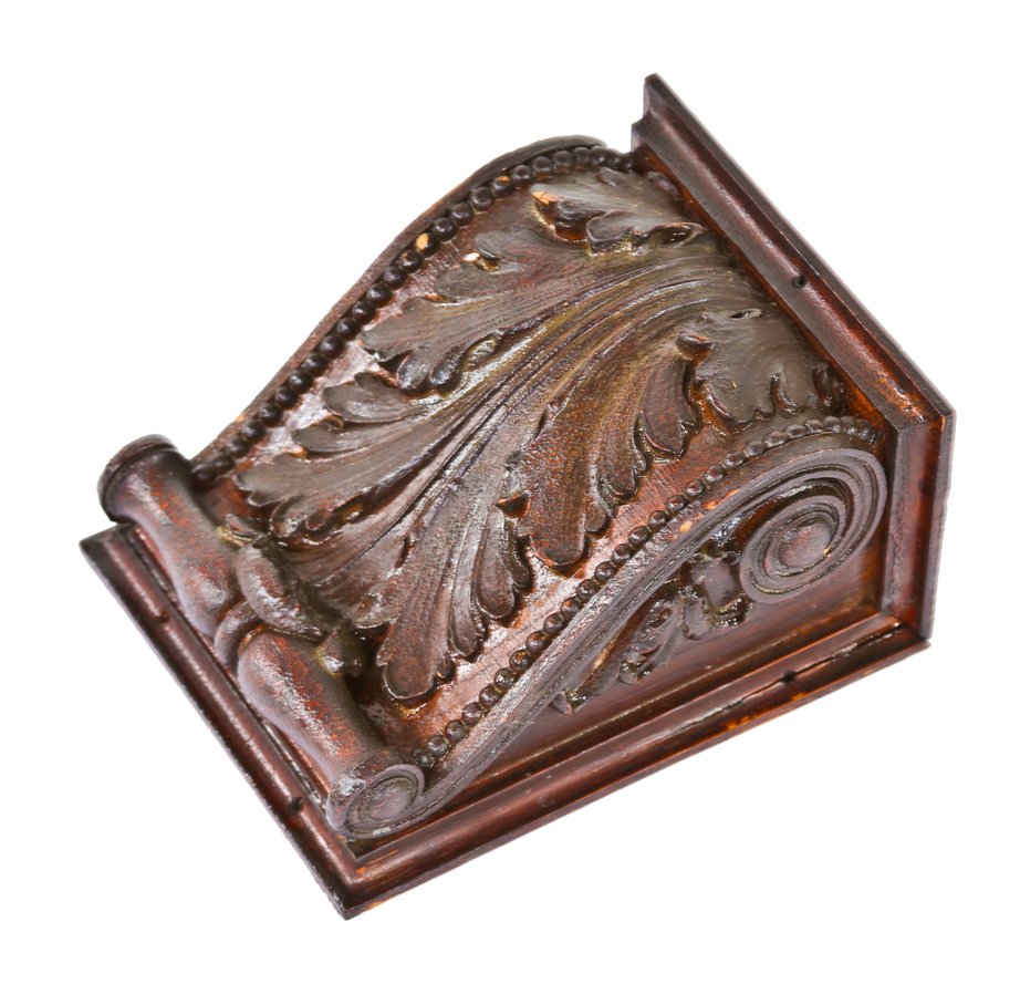 single c. 1890's original and intact american antique victorian era interior residential diminutive wood corbel with classical style gesso or composition ornament