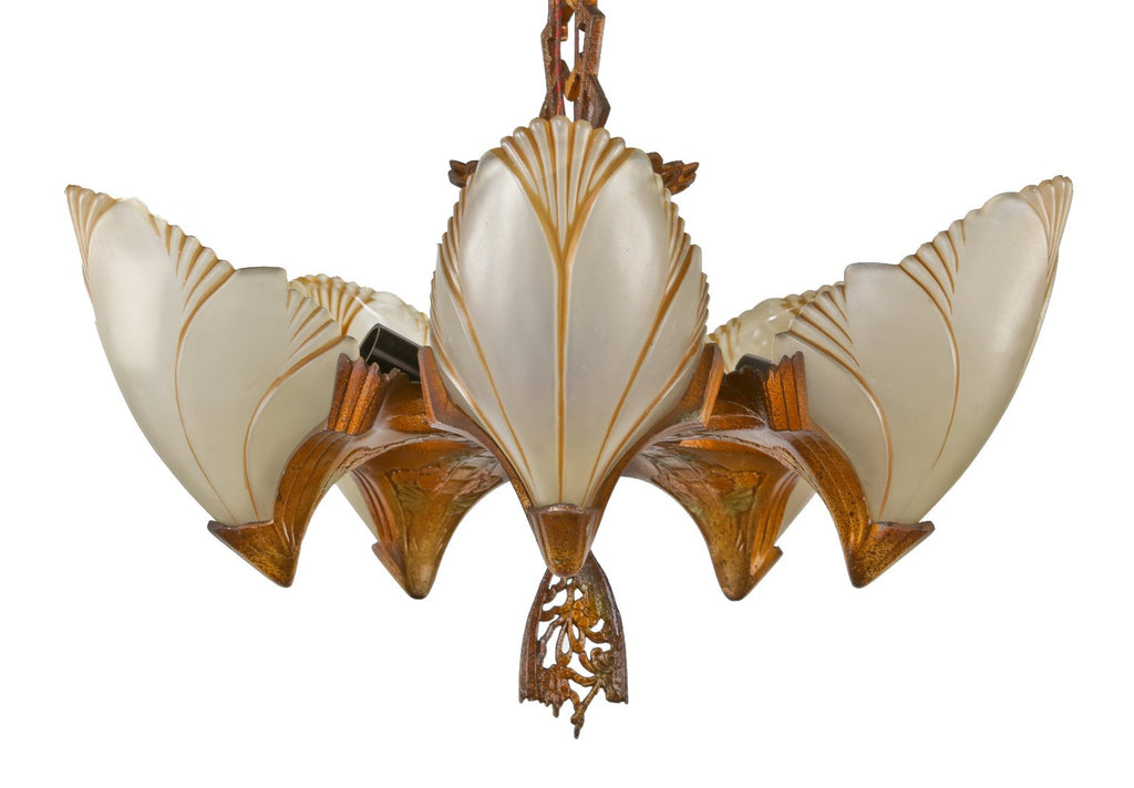 completely restored c. 1930's american art deco style depression era "batwing" interior residential ceiling-mount five-light slip shade fixture with original polychrome finish