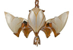 completely restored c. 1930's american art deco style depression era "batwing" interior residential ceiling-mount five-light slip shade fixture with original polychrome finish