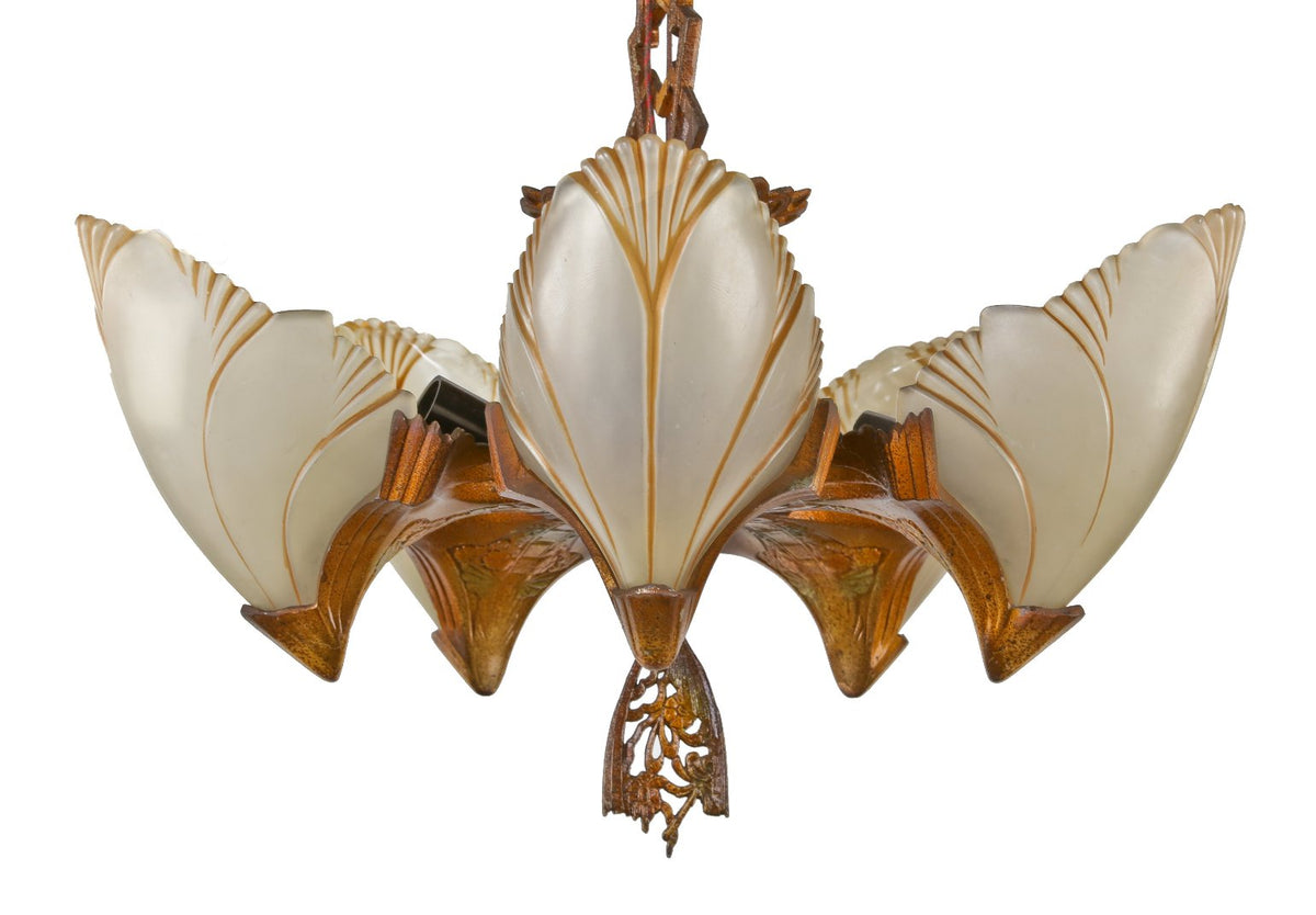 completely restored c. 1930's american art deco style depression era "batwing" interior residential ceiling-mount five-light slip shade fixture with original polychrome finish
