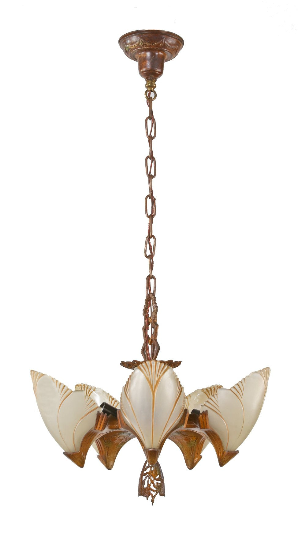 completely restored c. 1930's american art deco style depression era "batwing" interior residential ceiling-mount five-light slip shade fixture with original polychrome finish