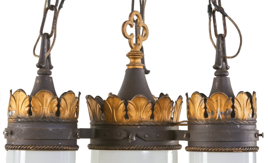 all original early 1920's massive interior chicago church four electric light hanging chandelier with intact white opalescent or "milk" glass "bullet" shape shades