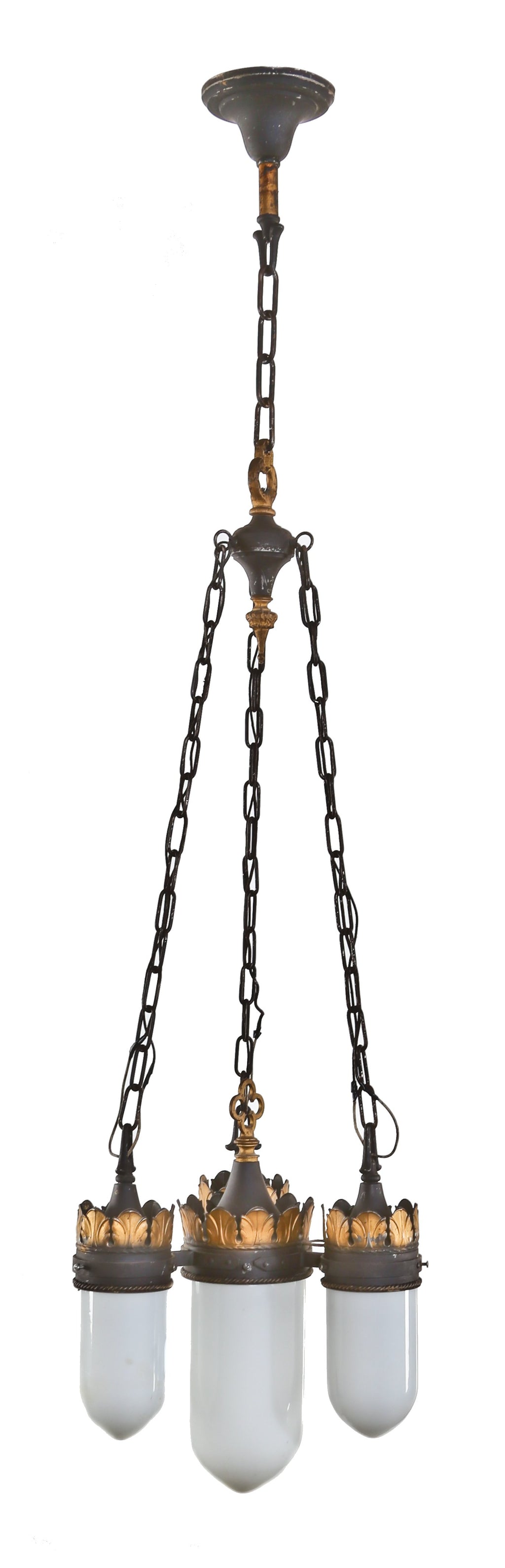 all original early 1920's massive interior chicago church four electric light hanging chandelier with intact white opalescent or "milk" glass "bullet" shape shades