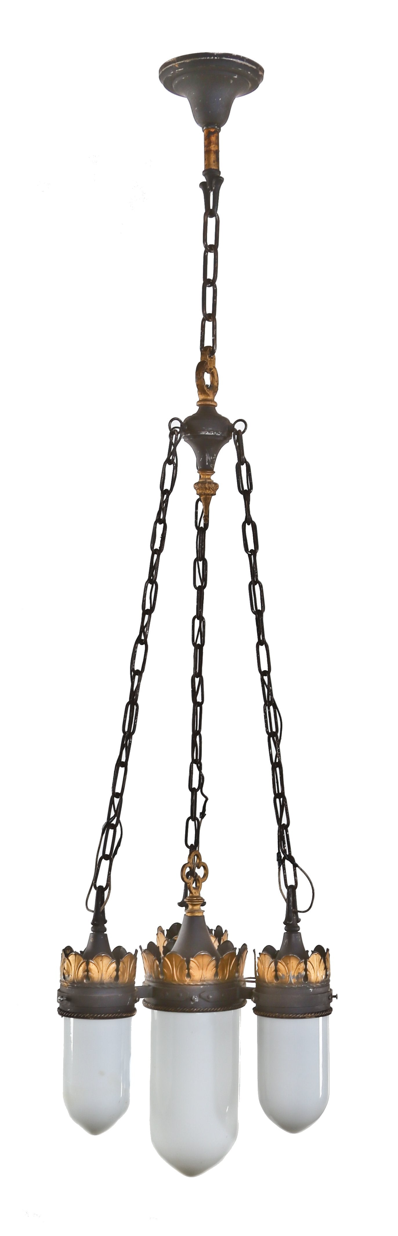 all original early 1920's massive interior chicago church four electric light hanging chandelier with intact white opalescent or "milk" glass "bullet" shape shades